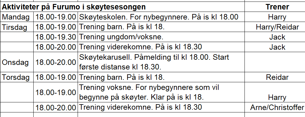 Skjema treningstider